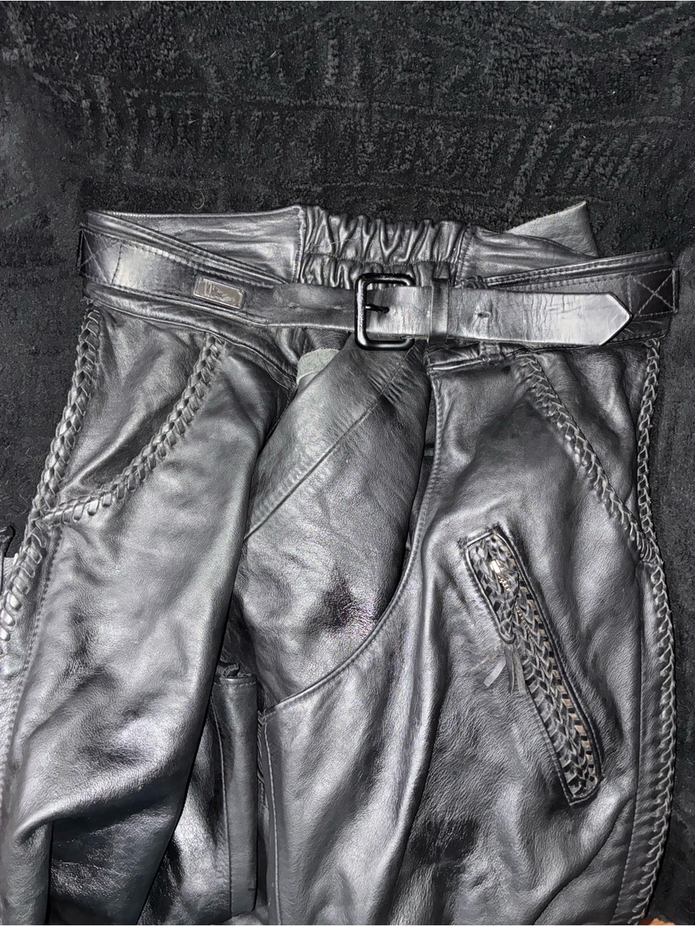 Harley-Davidson Black Leather Braided Trim Pants with Belt